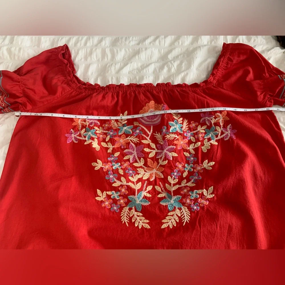 Free People Embroidered Off-Shoulder Red Peasant Tunic/Dress